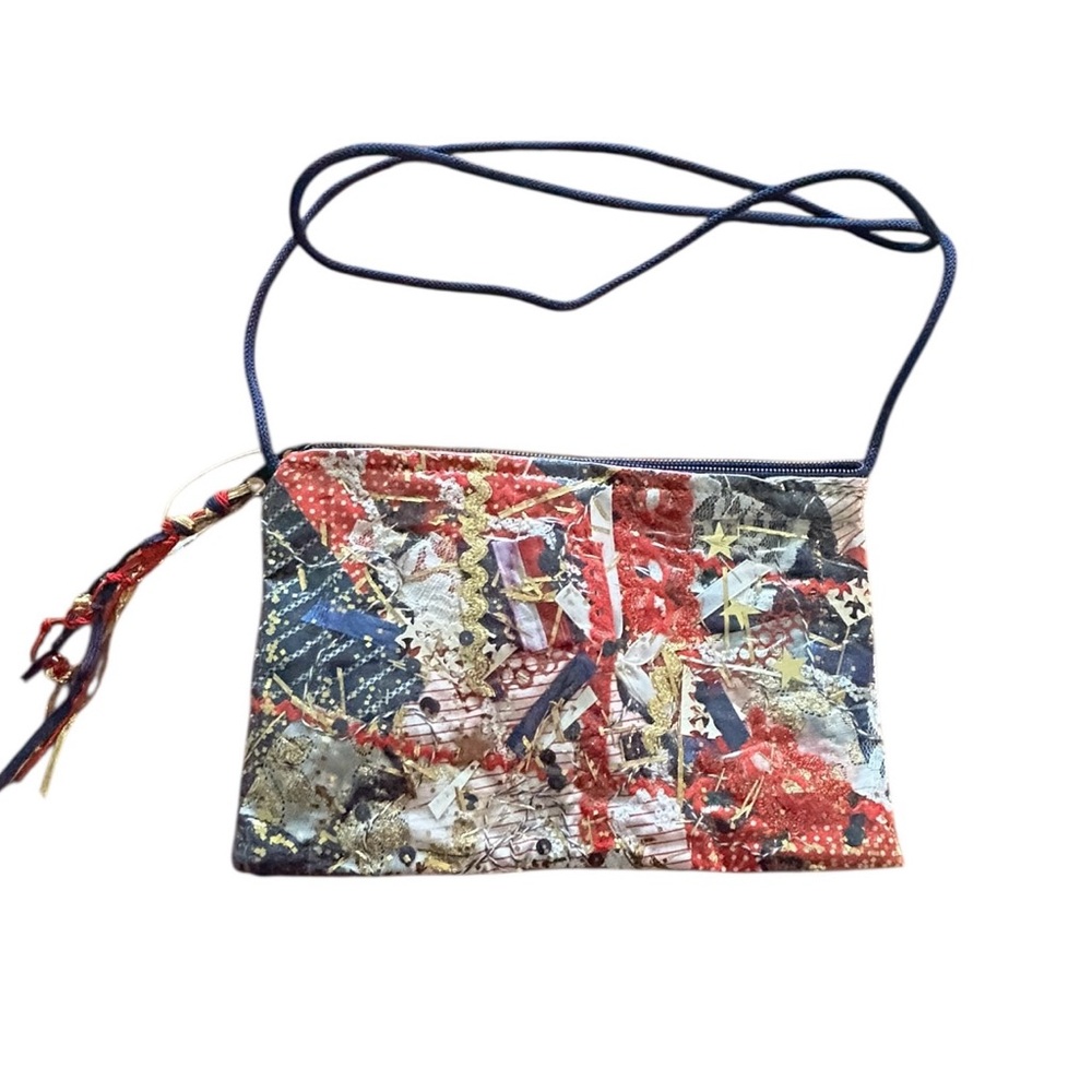 VTG Northern Brights Confetti Handbag 80s Red White Blue Gold Fringe Patriotic